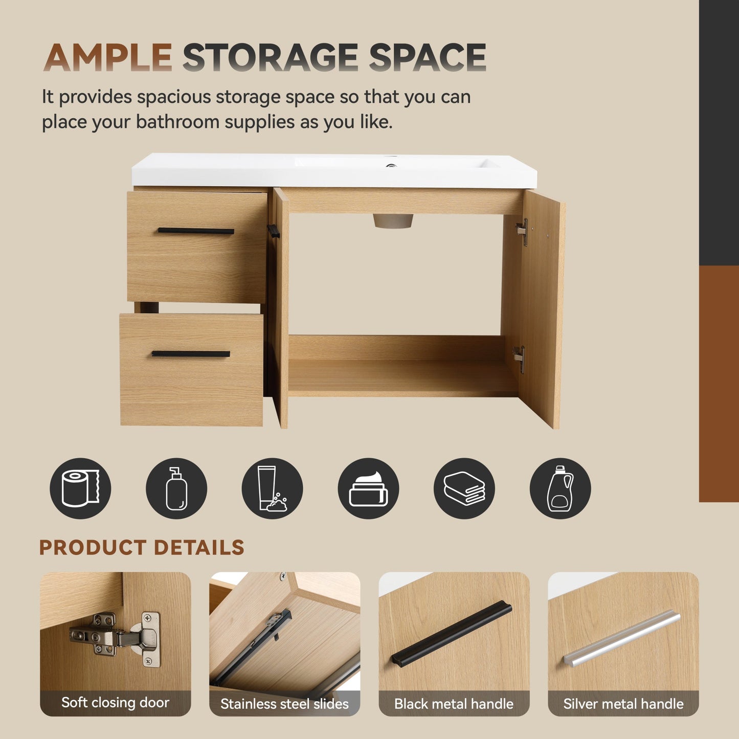 36" Wall-Mounted Floating Bathroom Vanity with Sink, Light Oak, 2-Door & 2-Drawer Modular Cabinet, Gel Coat Sink Top, 3 Boxes Roomfitters