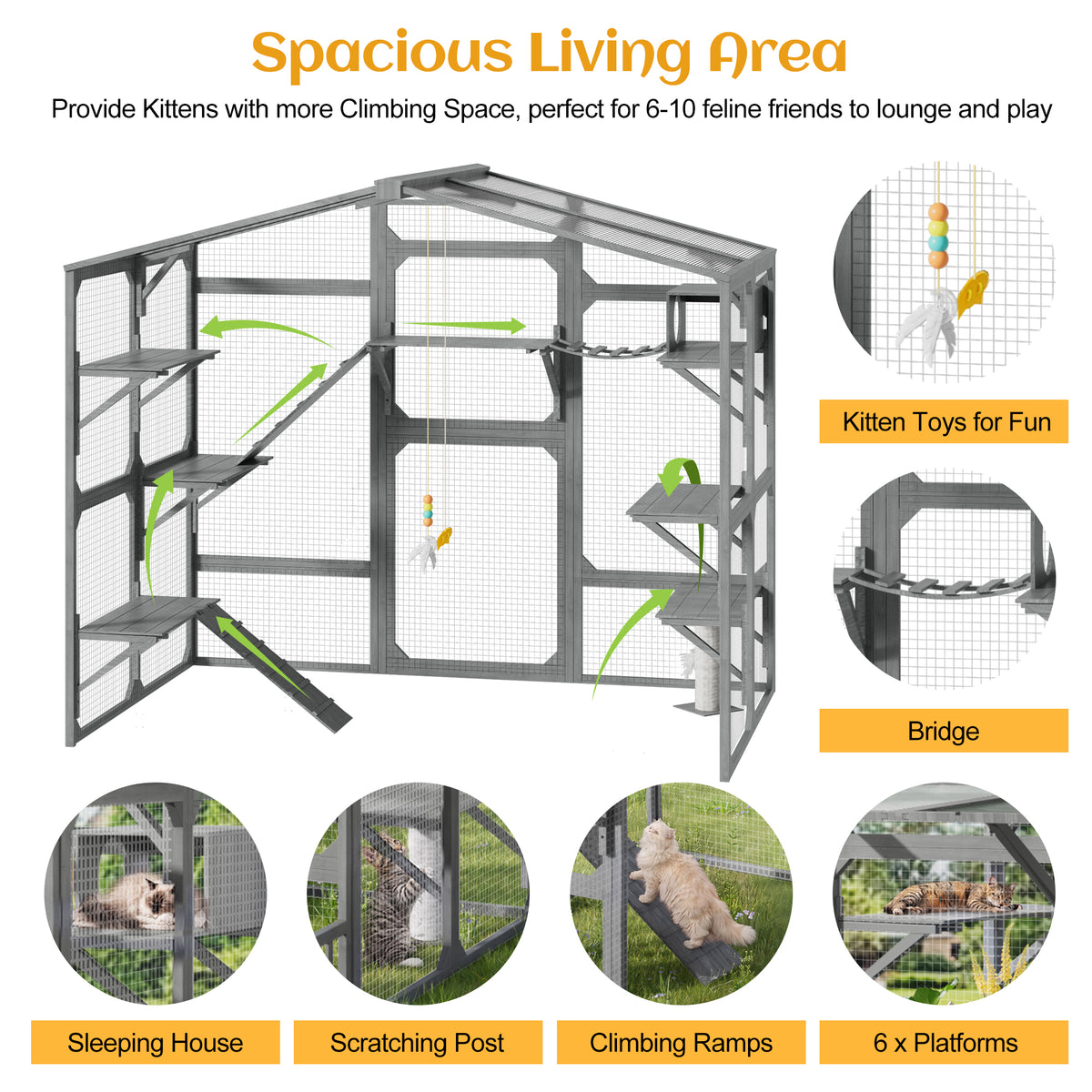 variant-group:rf-n704g201620e|Roomfitters Extra Large Wood Catio Cat Cage Outdoor Kennel with Transparent Sunroof and Dual Storage Shelves Gray