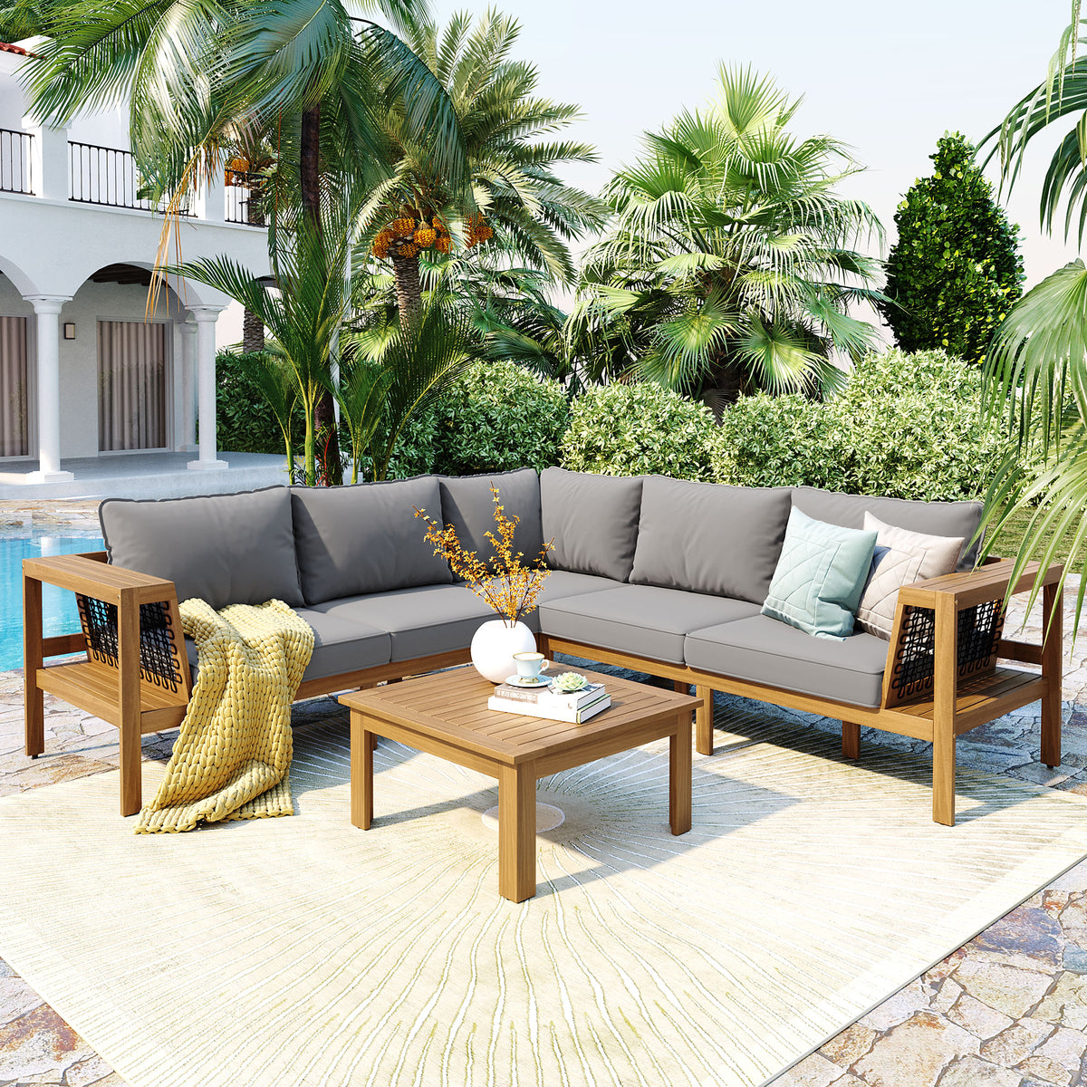 variant-group:rf-n704f201249e|Roomfitters 4-Piece Outdoor Sectional Sofa Set with Coffee Table and Built-in Side Shelves, Wood Frame, Gray+Natural
