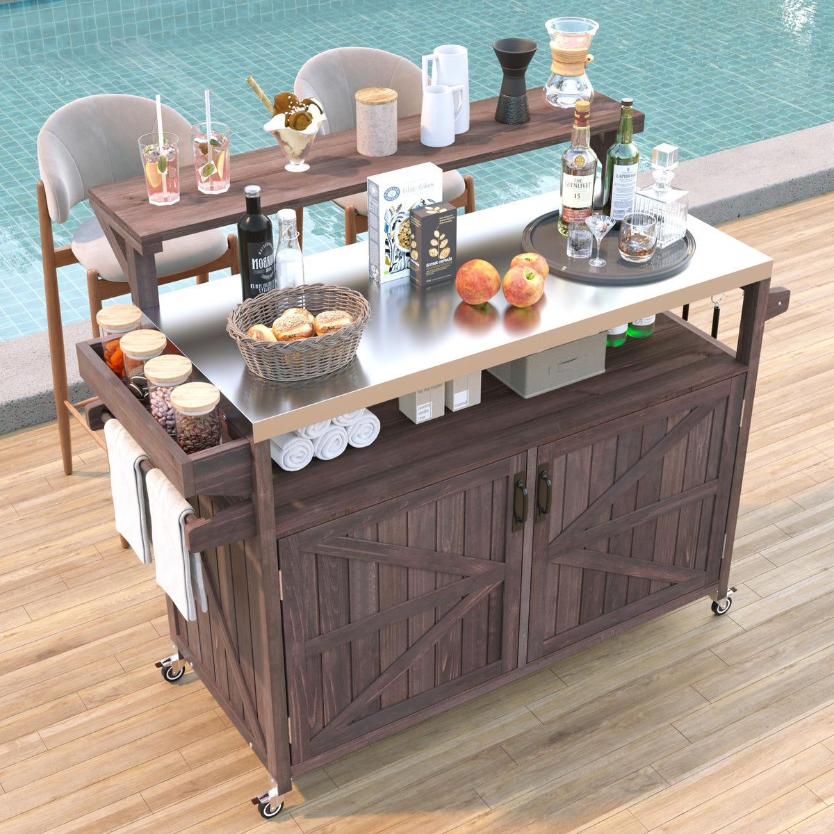variant-group:rf-n707p250628z|Roomfitters 53.3" Outdoor Kitchen Island with Raised Shelf, Wood Storage Cabinet, Stainless Steel Top, Rolling Grill Cart, Brown