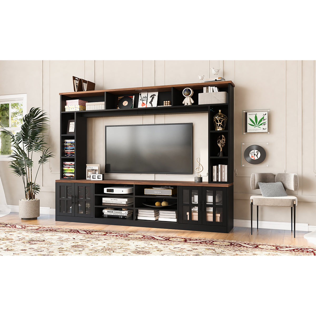 variant-group:rf-n724sj000127aab|Roomfitters Wall Unit Entertainment Center for up to 80 Inch TV, Media Console with Cabinets and Bookshelves, Black