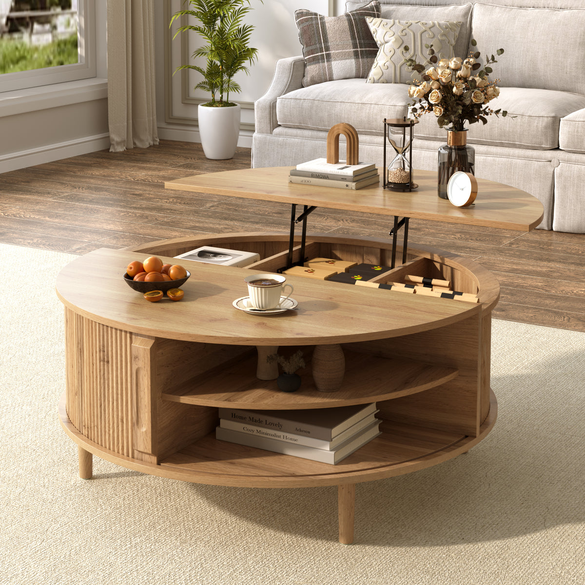 variant-group:rf-n724p416053d|Roomfitters Minimalist Round Lift-Top Coffee Table with Side Sliding Door, Acacia Wood