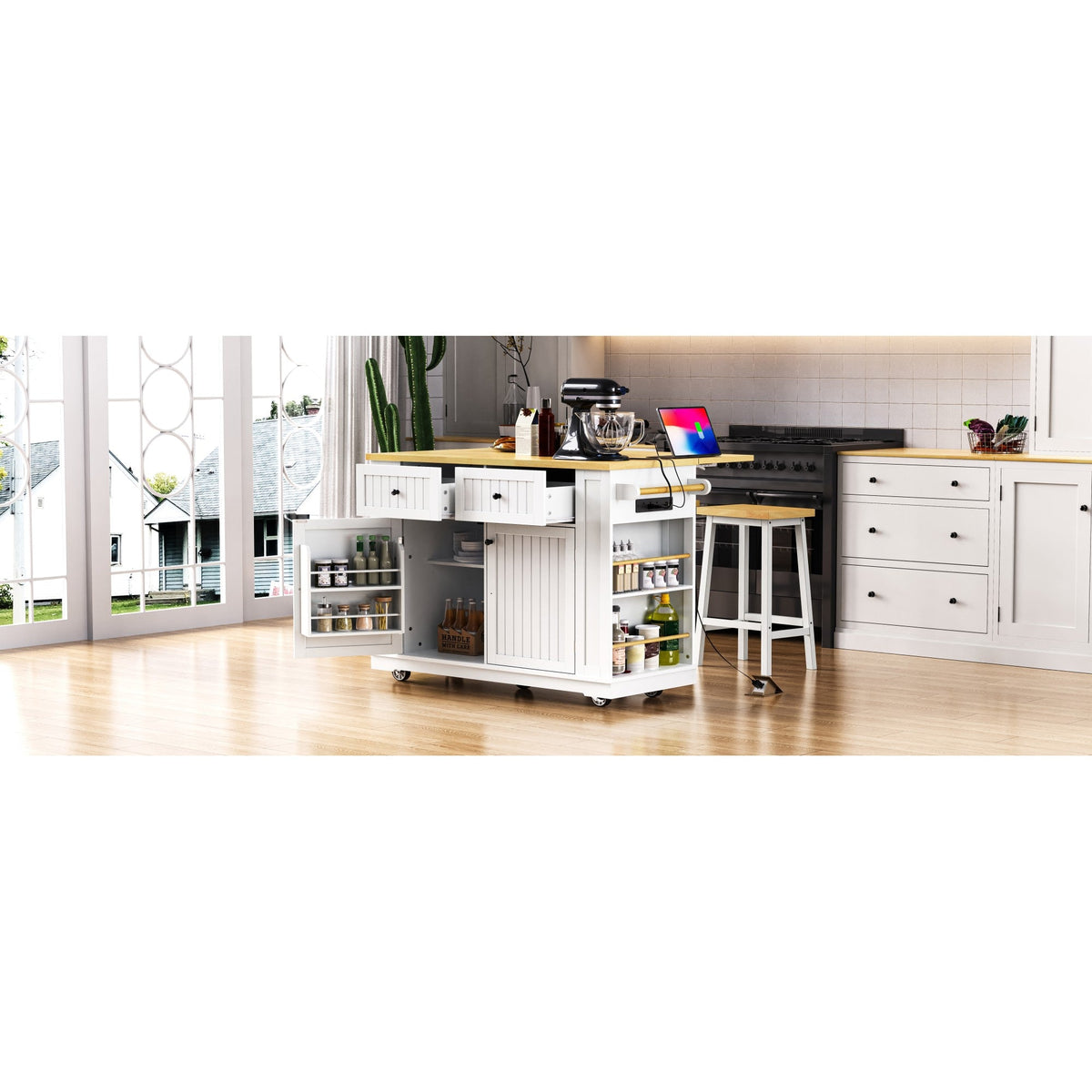 Roomfitters 48" Kitchen Island with 2 Bar Stools, Drop Leaf, Power Outlet, Rolling Cart with Side Shelves, White