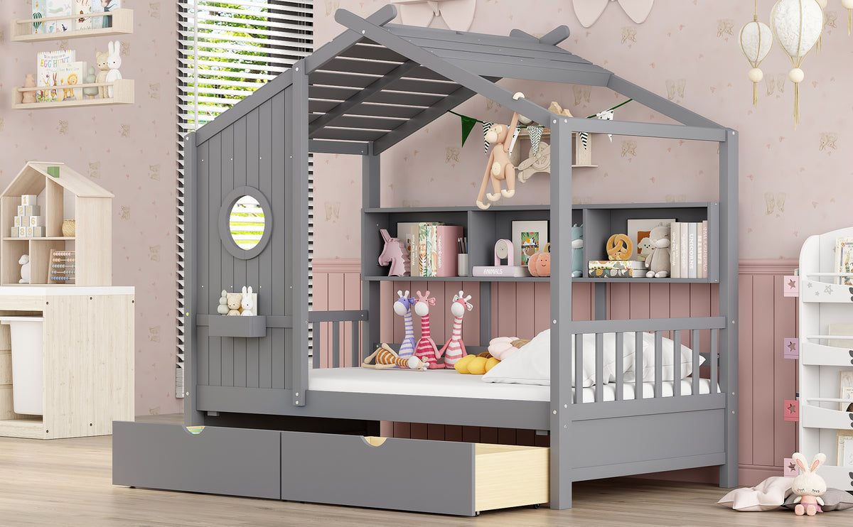 variant-group:rf-n733s308483e|Roomfitters Wooden Twin Size House Bed with 2 Drawers and Storage Shelf, Gray