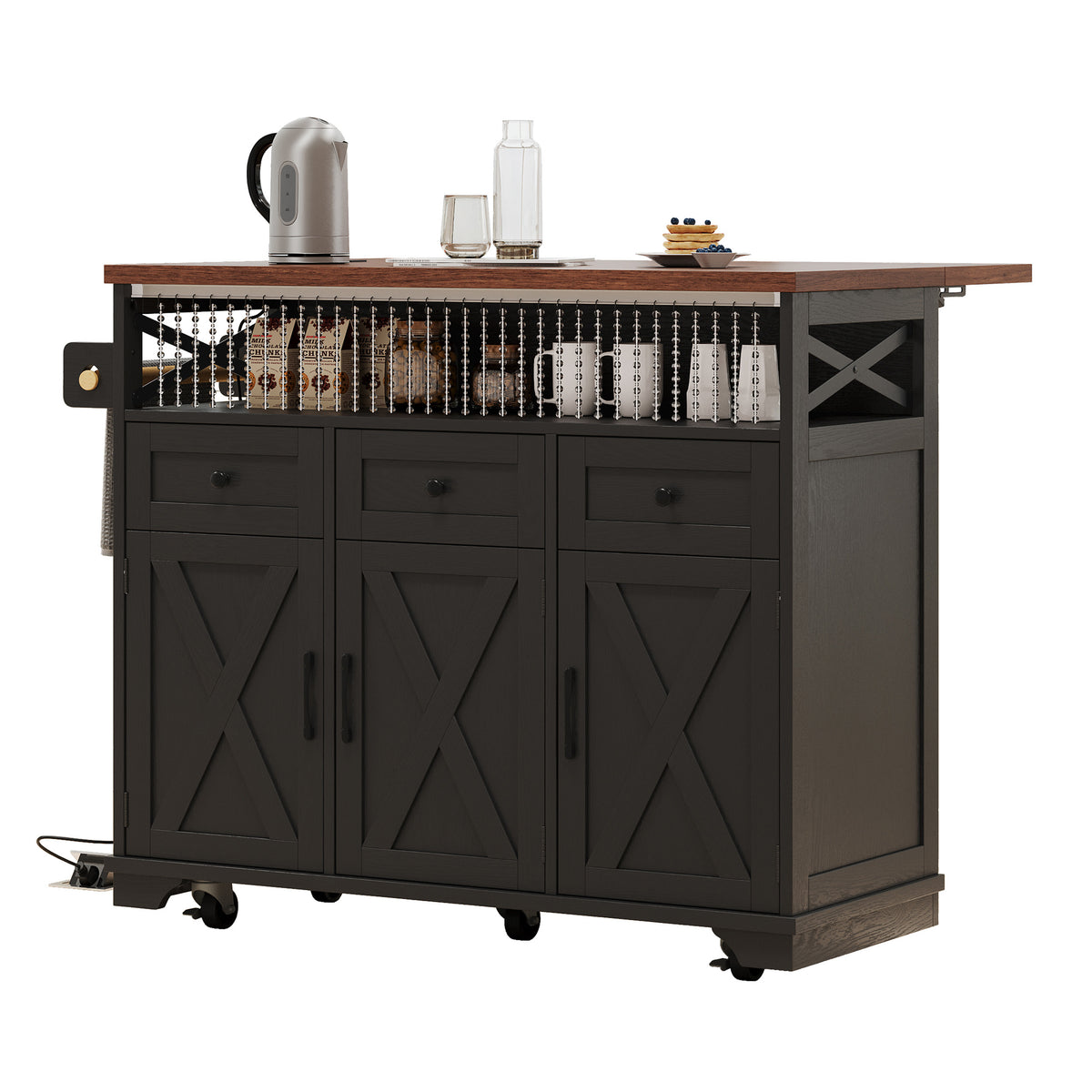 variant-group:rf-n707p254872b|Roomfitters 46.5" Rolling Kitchen Island with Drop Leaf, Mobile Cart with 2 AC Outlets & USB, Beaded Drape & 3 Drawers, Black