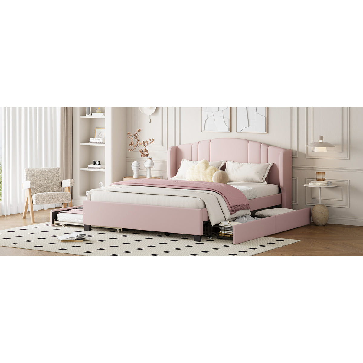 variant-group:rf-n733s208132h|Roomfitters Twin Size Trundle Upholstered Platform Bed with Wingback Headboard and 2 Drawers, No Box Spring Needed, Linen Fabric, Queen Size, Pink