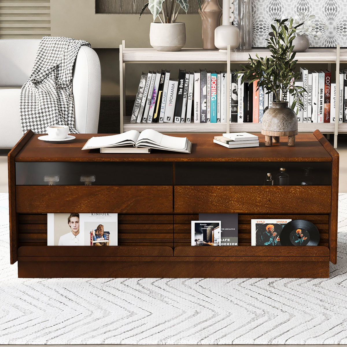 variant-group:rf-n724p286421d|Roomfitters Rectangle Coffee Table with Fluted Style, 4 Storage Compartments and Glass Display Shelves, Brown