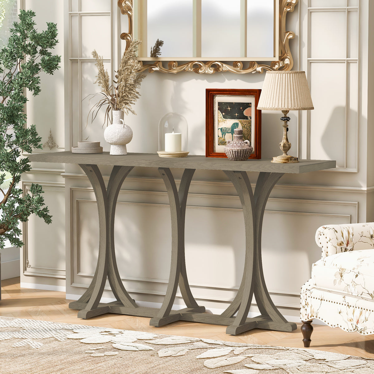 variant-group:rf-n711p295300e|Roomfitters 59.8" Console Table with Oak Veneer Top, Modern Arched Leg Entryway Sofa Table for Hallway & Living Room, Gray