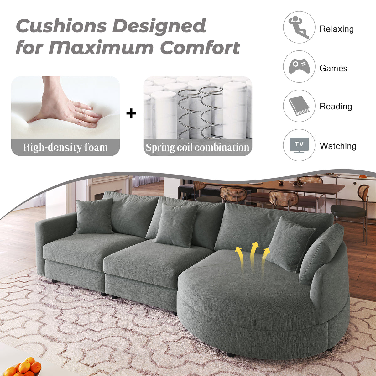 variant-group:rf-n711wy000461aae|Roomfitters 107" Chenille Fabric 3-Piece Sectional Sofa, Modern Large L-Shaped Couch with Rounded Curved Chaise, Grey
