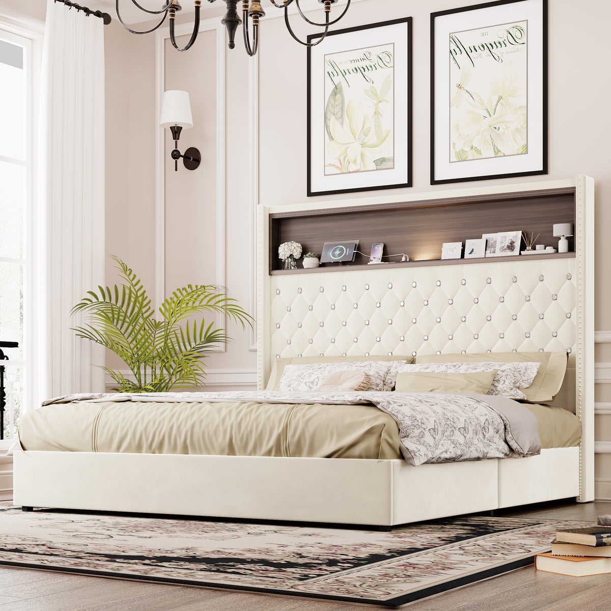 variant-group:rf-n733p367135a|Roomfitters Queen Velvet Tufted Platform Bed with Charging Ports, Tall Wingback Headboard with Rivet Trim and Shelf, Beige