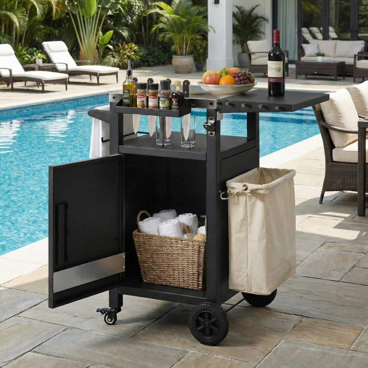 Roomfitters 33.9" Grill Cart with Stainless Steel Top, BBQ Prep Station with Spice Rack and Hamper Bag, Rolling Cart, Black