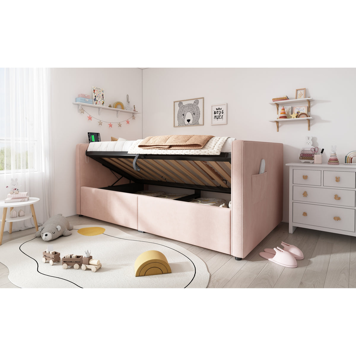 variant-group:rf-n736p303402p|Roomfitters Upholstered Twin Size Daybed with Storage, USB & Type-C Charging, Tufted Sofa Back, Velvet Pink