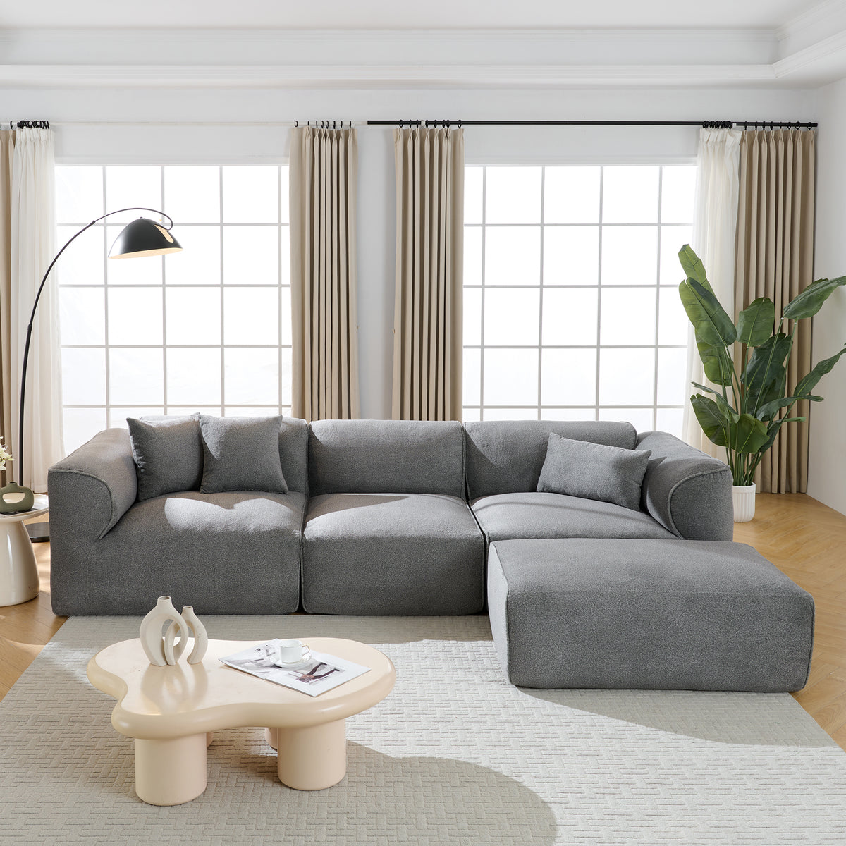 variant-group:rf-n711wy000450aae|Roomfitters Modern Velvet Sectional Sofa with Detachable Ottoman, 4-Seater Couch with Pillows for Living Room, Gray