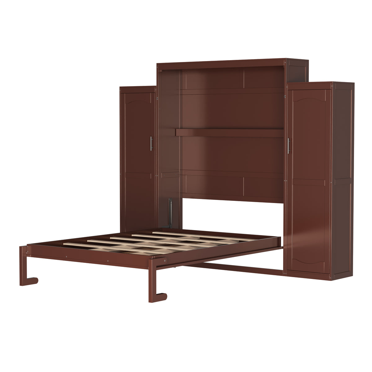 variant-group:rf-n733s235627d|Roomfitters Queen Murphy Wall Bed with Two Wardrobes and Storage Shelf, Foldable Platform Bed Frame for Guest Room, Walnut