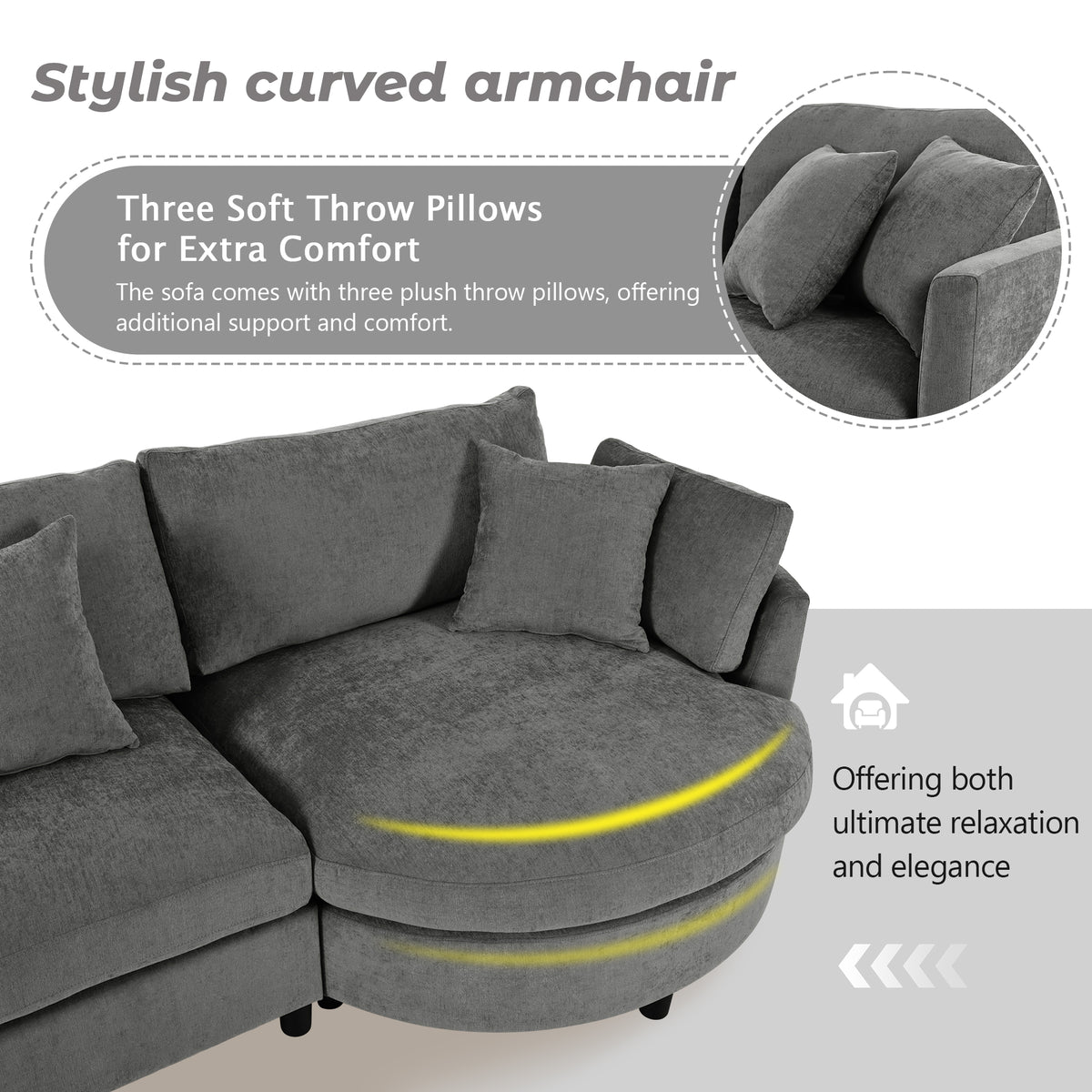 variant-group:rf-n711wy000461aae|Roomfitters 107" Chenille Fabric 3-Piece Sectional Sofa, Modern Large L-Shaped Couch with Rounded Curved Chaise, Grey