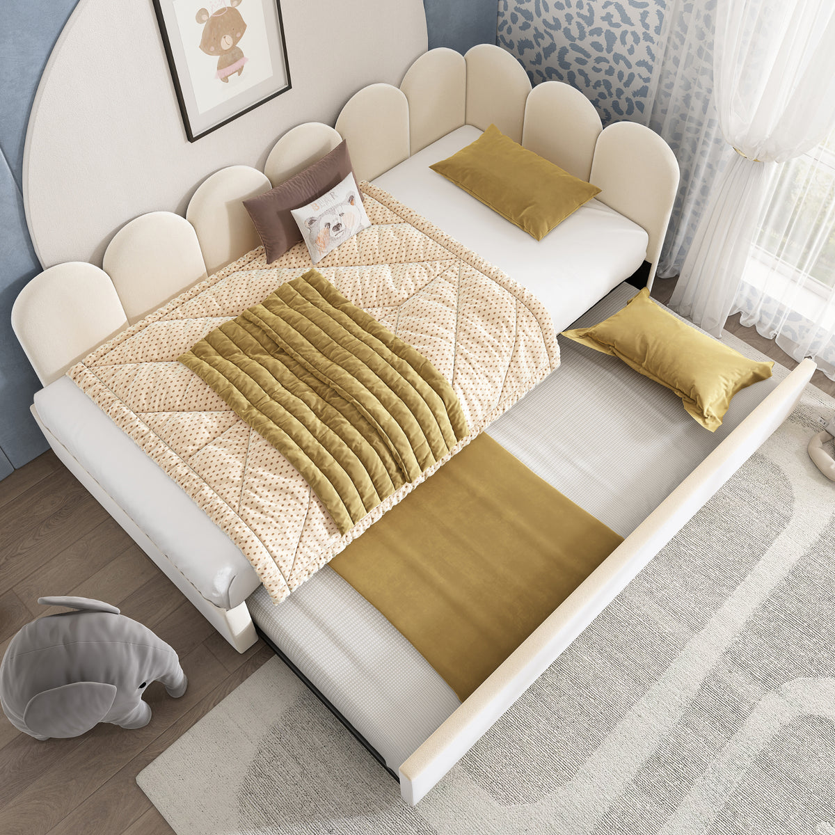variant-group:rf-n736aa20362122b|Roomfitters Velvet Upholstered Twin Daybed with Pull Out Trundle, Sofa Bed with Metal Slat Frame, Beige
