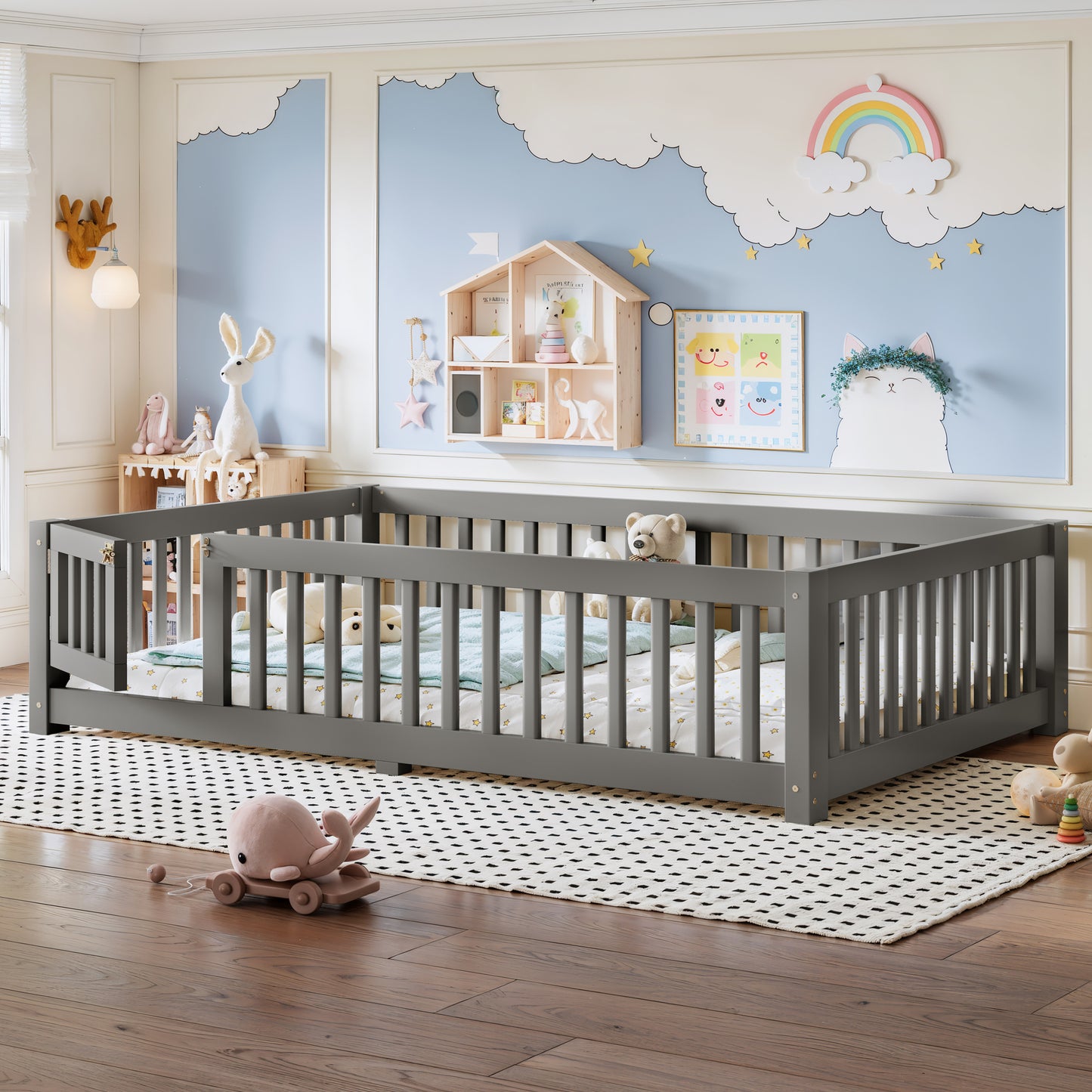 variant-group:rf-w1580p462318|Roomfitters Full Size Wooden Floor Bed Frame with Safety Guardrails Door, Solid Wood Low Profile Toddler Play Bed, Gray