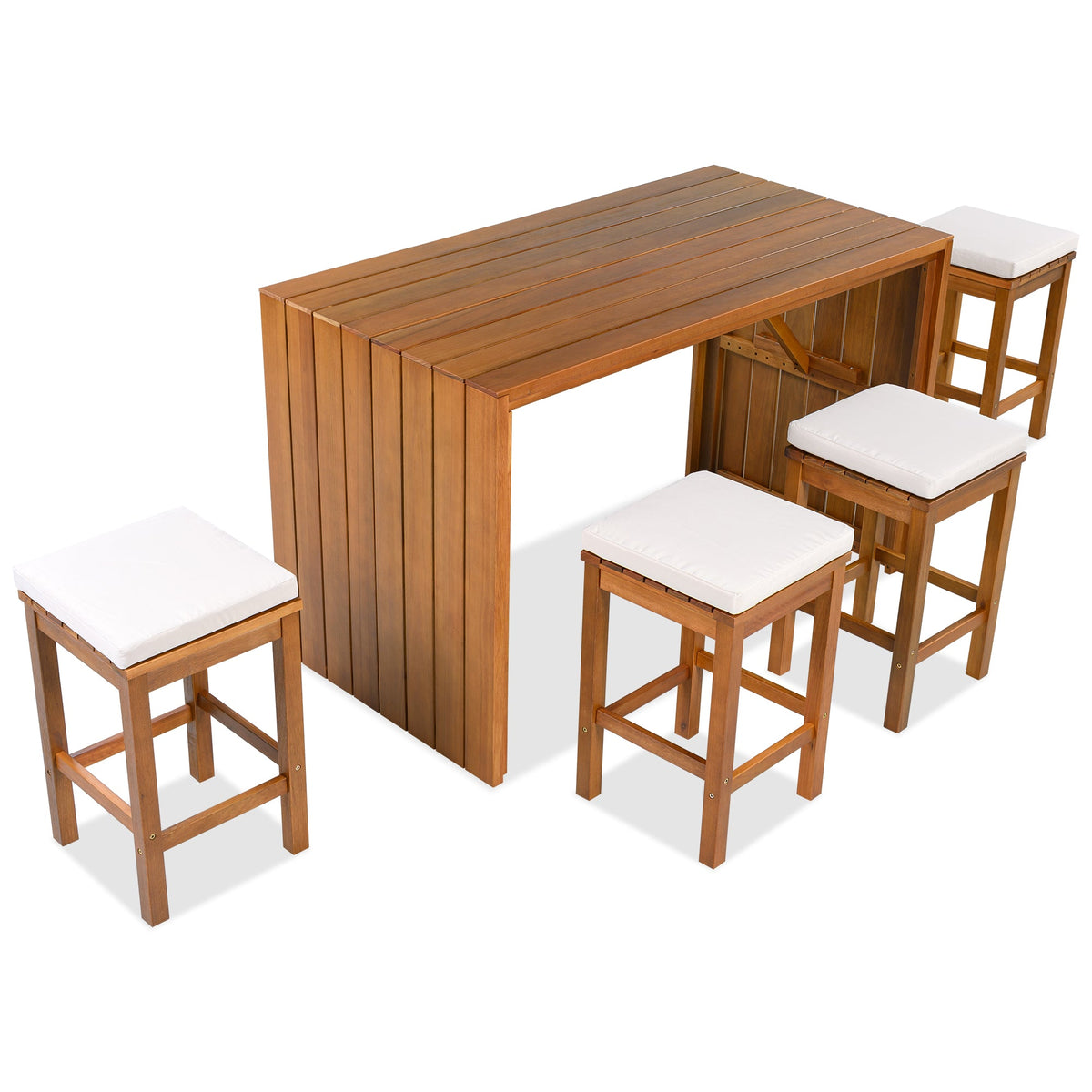 Roomfitters 5 Piece Outdoor Bar Set with High Top Dining Table and 4 Cushioned Backless Stools, Patio Furniture, Beige+Natural Roomfitters