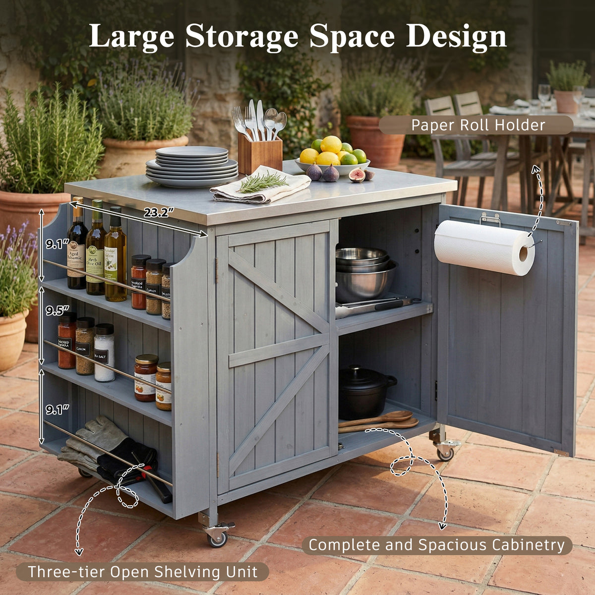 variant-group:rf-n707p370287g|Roomfitters 42.1" Grill Cart, Outdoor Kitchen Island with Stainless Steel Top, BBQ Prep Station with Spice Rack, Grey+Blue