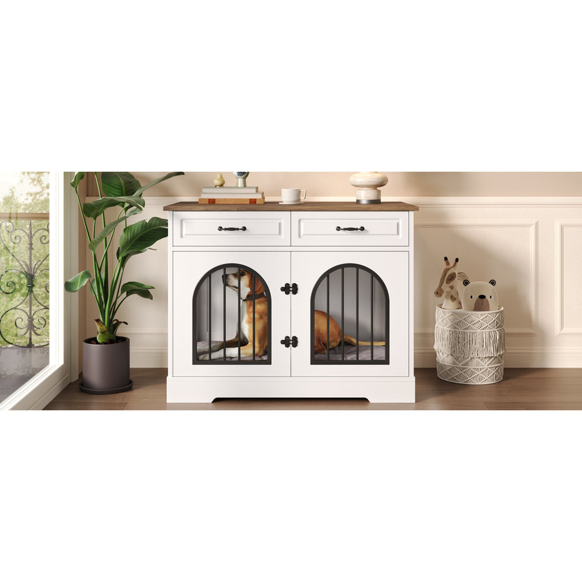 Roomfitters 43-Inch Heavy Duty Indoor Dog Crate Furniture End Table with Escape Proof Arched Doors White Brown Roomfitters
