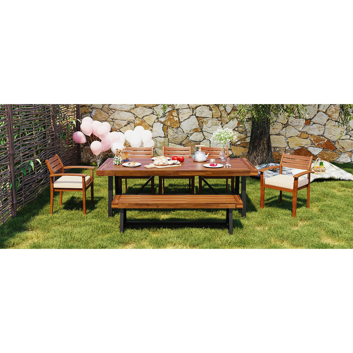 Roomfitters Outdoor Wood Dining Set for 7-8 Person, Outdoor Dining Furniture with Removable Cushions, Ergonomic Chairs and Bench, Thicker Table, Wood Tone Roomfitters