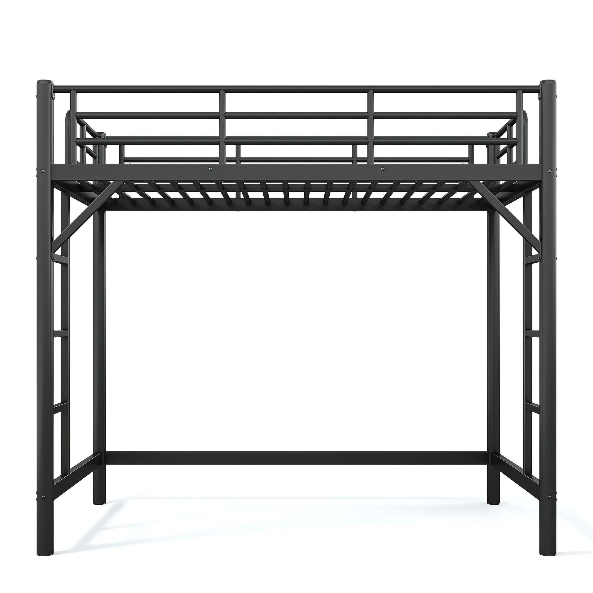 variant-group:rf-w1580p455010|Roomfitters Twin Size Metal Loft Bed Frame with Guardrails, Heavy Duty Space Saving High Loft Bed Dual Ladders, Black
