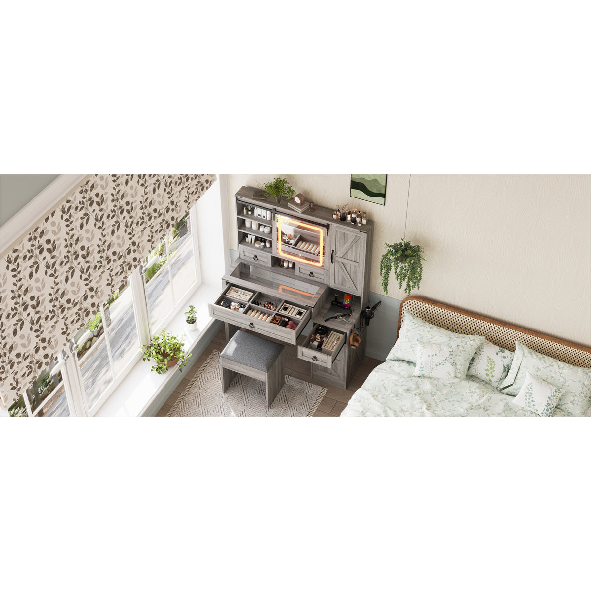 variant-group:rf-n733p340562g|Roomfitters Farmhouse Vanity Desk with Sliding Mirror & Lights, Glass Top, Charging Station, 4 Drawers, 2 Cabinets, Stool, Gray