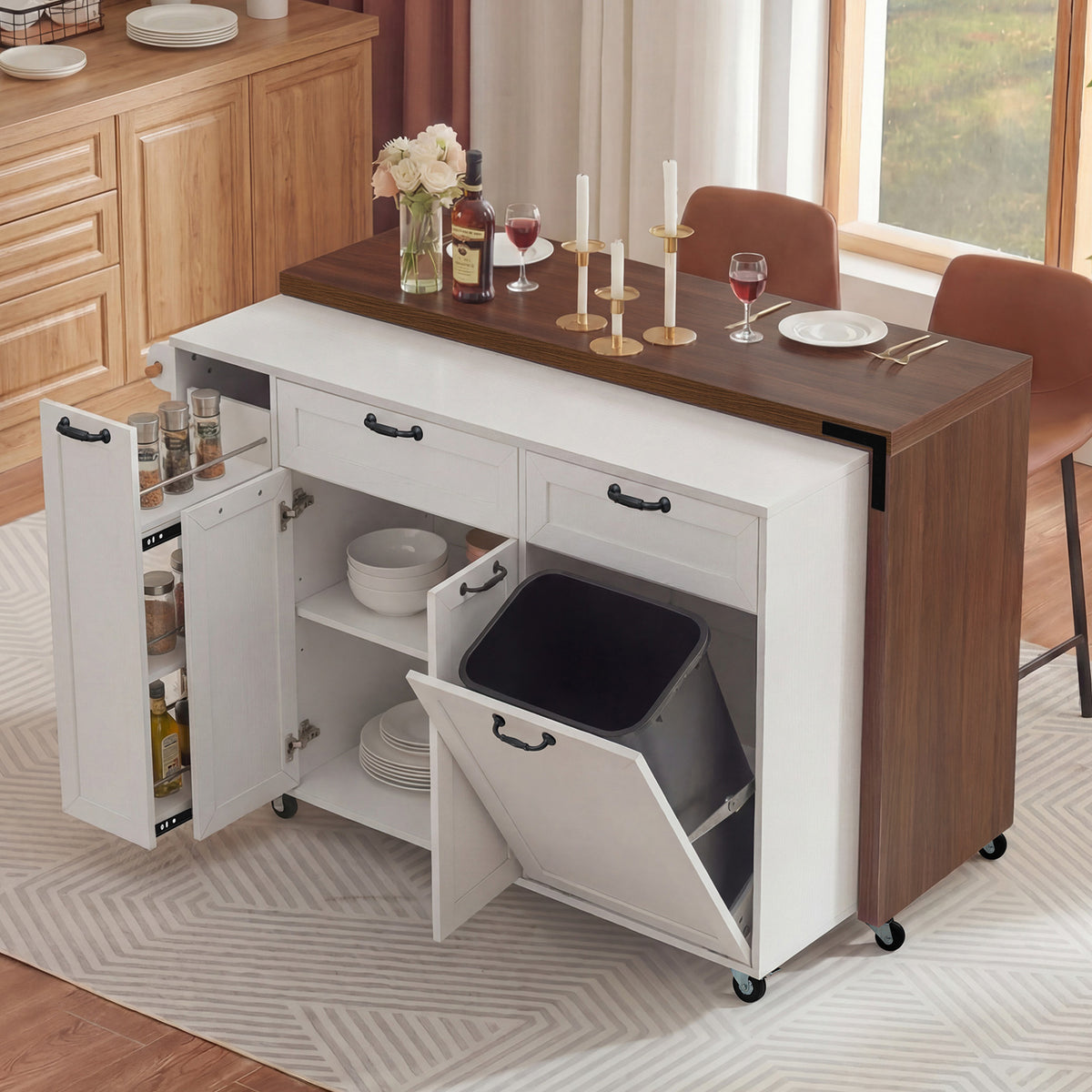 variant-group:rf-n707s000026w|Roomfitters 102.3" Kitchen Island with Tilt Out Trash Can Cabinet, Rolling Storage Cart, Slide-out Spice Rack, White