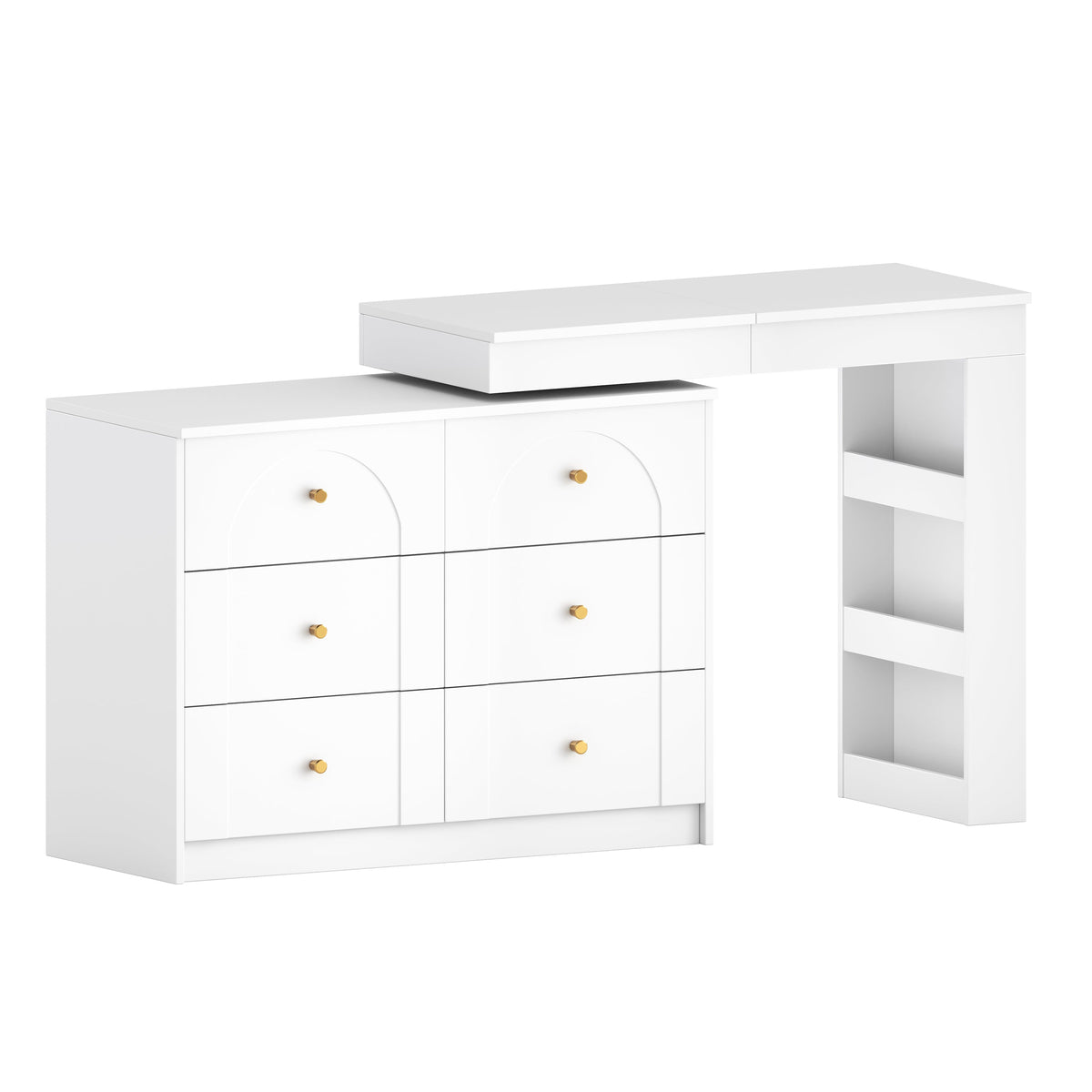Roomfitters Vanity Desk with Mirror & Lights, Flip-Top Makeup Table with 7 Drawers, 9 Compartments, 3 Shelves, White