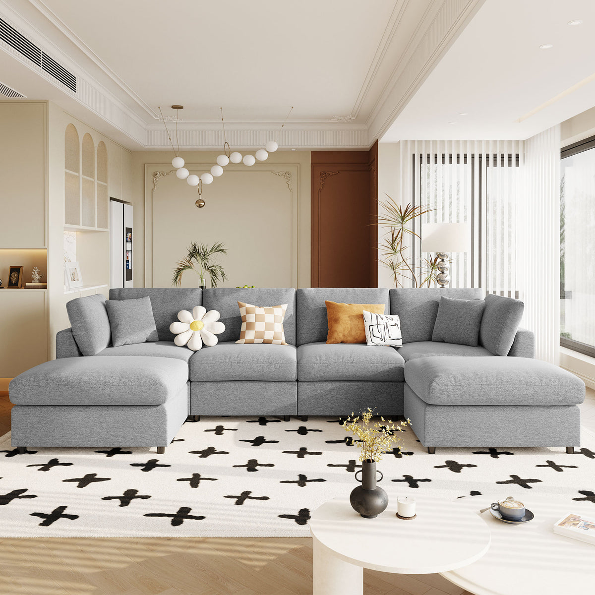 variant-group:rf-n711wy000474aae|Roomfitters 128.2-Inch Customizable U-Shaped Sectional Sofa, 6-Seater Chenille Couch, 2 Movable Ottomans, Pit Lounge, Grey