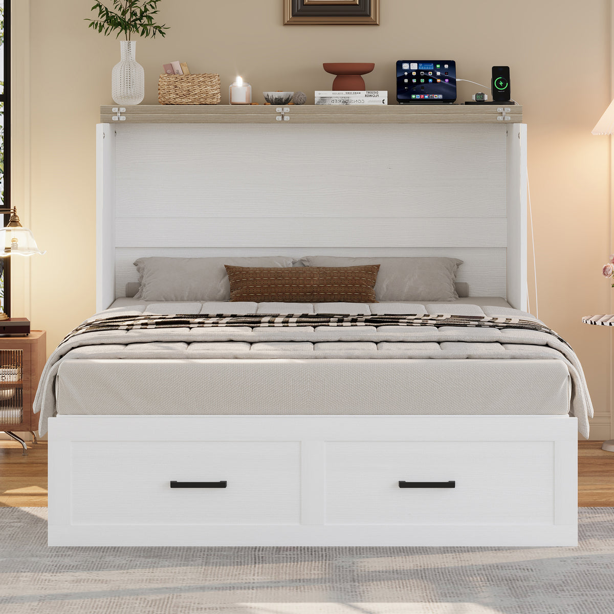 variant-group:rf-n733s237853w|Roomfitters Full Size Farmhouse Murphy Cabinet Bed with Charging Station, Foldable Platform Bed with Large Storage for Guest Room, Small Bedroom, White