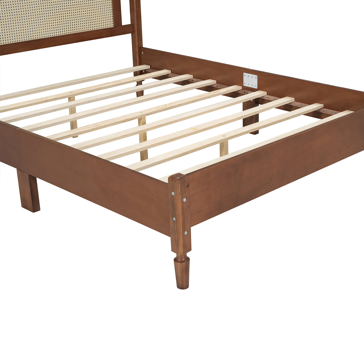 variant-group:rf-n733p180013d|Roomfitters Queen Size Wooden Platform Bed with Natural Rattan Headboard, Stylish Vintage Bed Frame with Durable Wooden Slat Support for a Sophisticated Look, Walnut