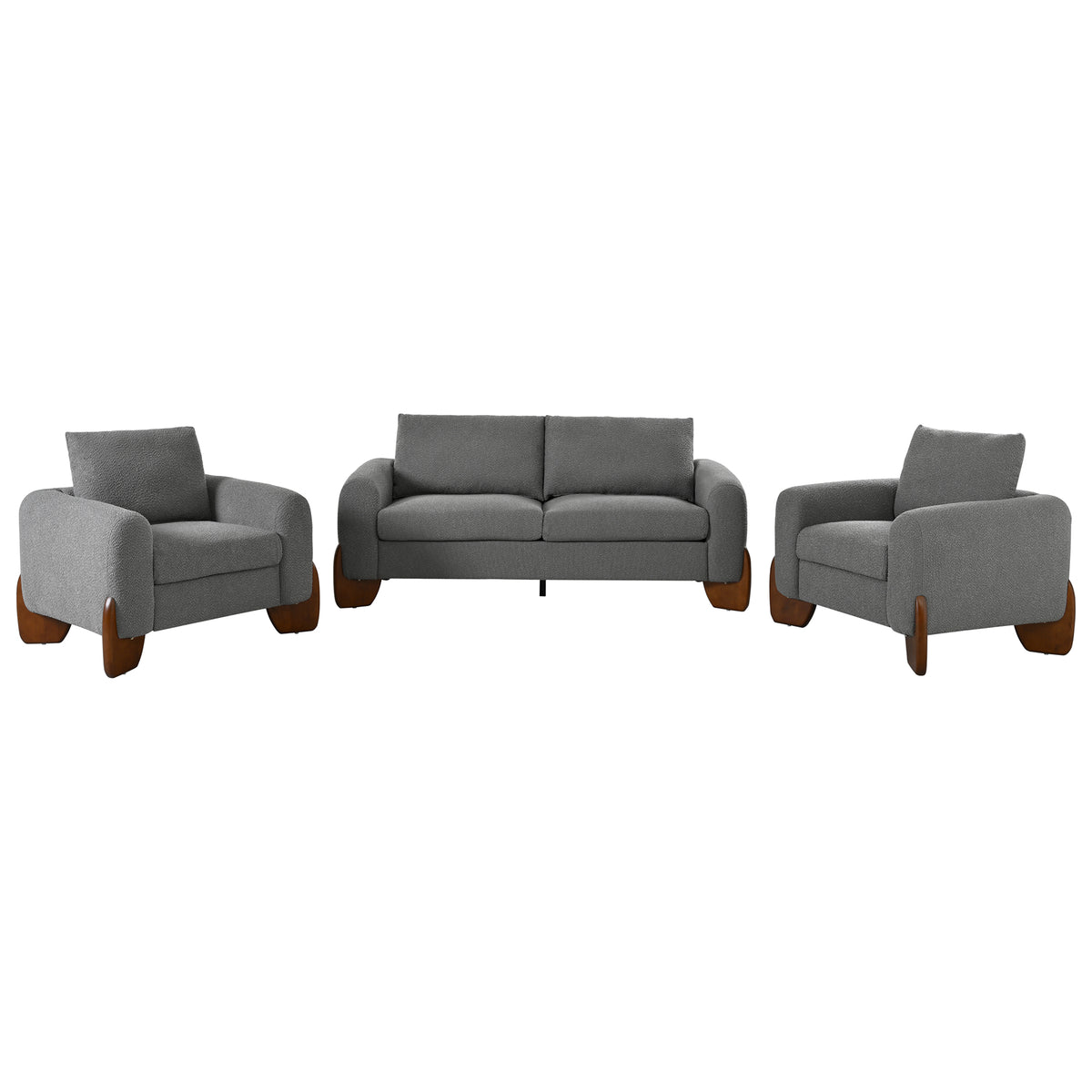 variant-group:rf-n711wy000479aae|Roomfitters Modern 3-Piece Living Room Sofa Set, Bouclé Fabric Loveseat and 2 Armchairs Pack, Grey Pinewood Lounge