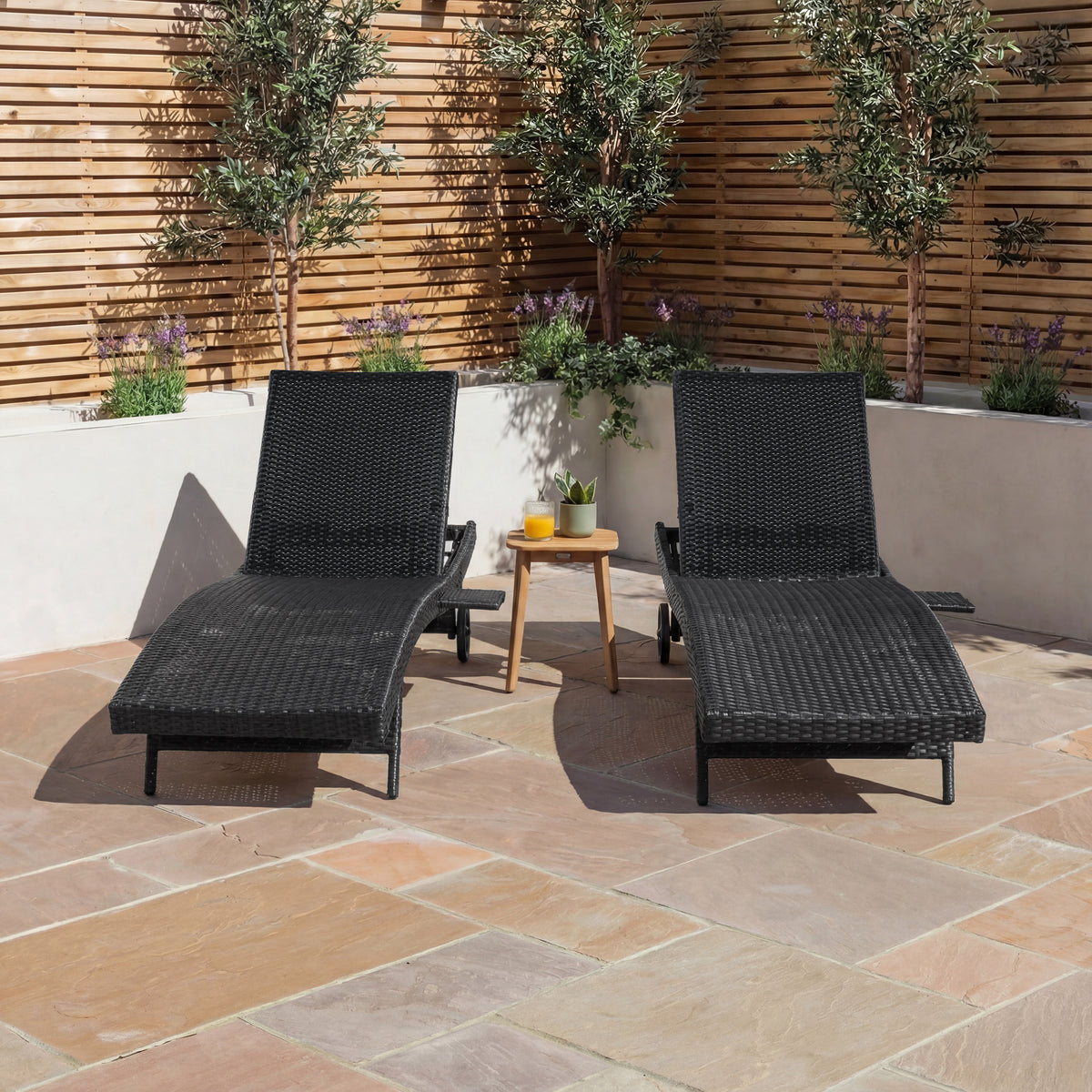 variant-group:rf-n707p395515b|Roomfitters 80"W Patio Chaise Lounge Chairs Set of 2 with Wheels, Folding Table, Adjustable Rattan Loungers, Black