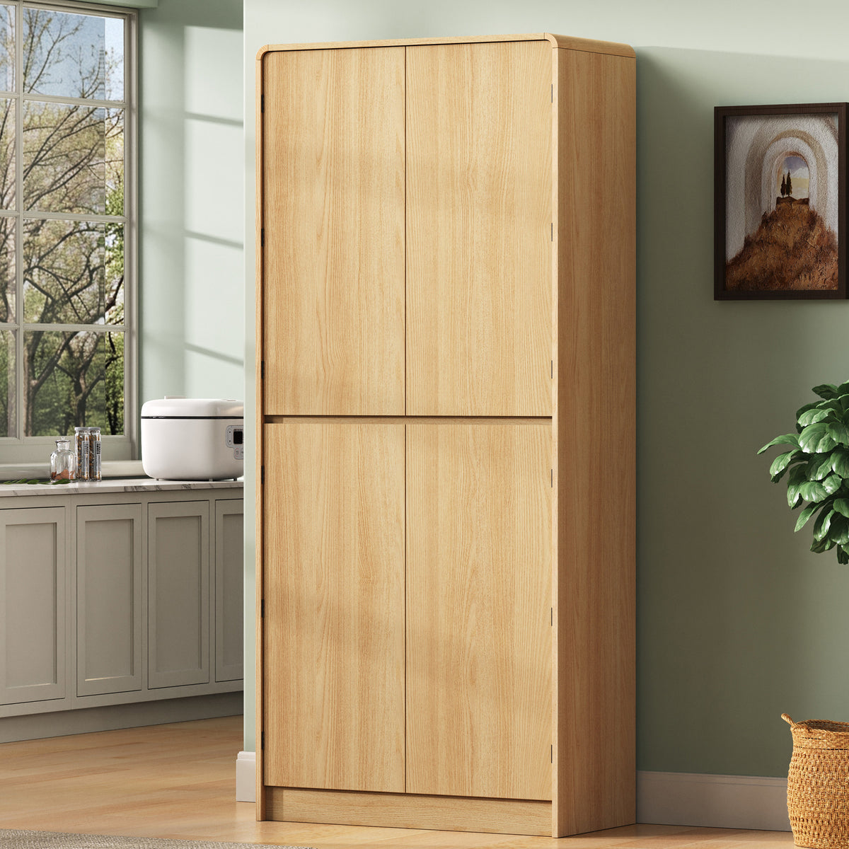 variant-group:rf-n707s000021y|Roomfitters 72" Tall Farmhouse Kitchen Pantry Cabinet with Curved Profile & 8 Door Shelves, Natural Oak