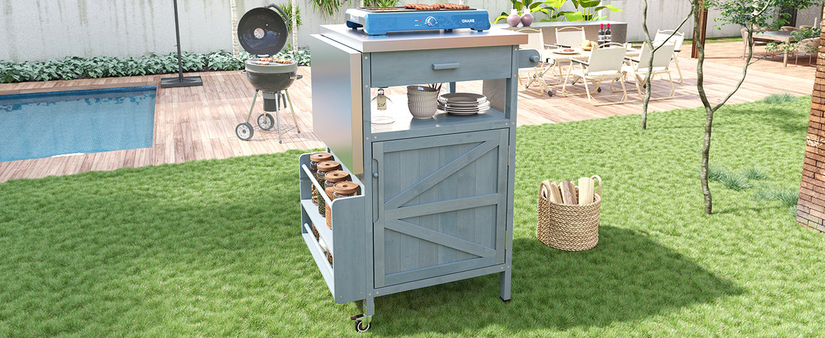 variant-group:rf-n707p228272g|Roomfitters 40.5" Outdoor Grill Cart with Stainless Steel Top, Wood Storage Cabinet, Drop Leaf, Rolling Cart, Blue Grey
