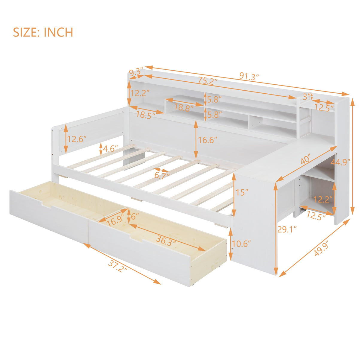 variant-group:rf-n733s241484k|Roomfitters Wooden Twin Size Daybed with Storage Shelves, Multi-functional Bed with Two Storage Compartments and Study Desk, Antique White