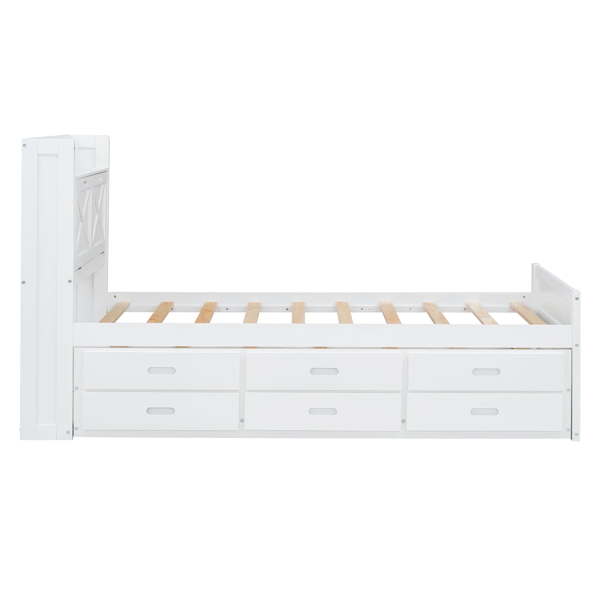variant-group:rf-n733s172839k|Roomfitters Twin Size Wooden Bed with Storage Headboard, Functional Outlets, Extendable Frame with Twin Trundle and Smart Storage, White