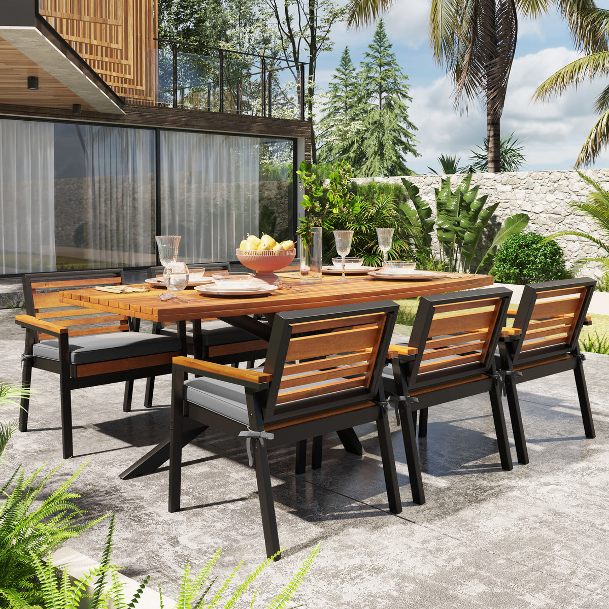 variant-group:rf-n704g201259e|Roomfitters Modern 7-Piece Patio Dining Set with Powder-Coated Iron Frame and Detachable Gray Cushions