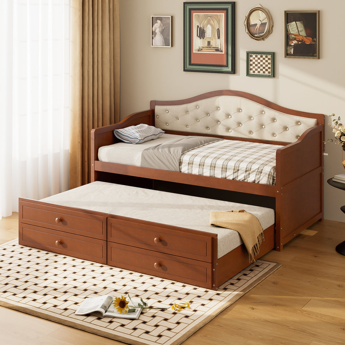 variant-group:rf-n733s346767d|Roomfitters Twin Daybed with Trundle, Wooden Sofa Bed with 2 Storage Drawers & Tufted Backrest, Walnut
