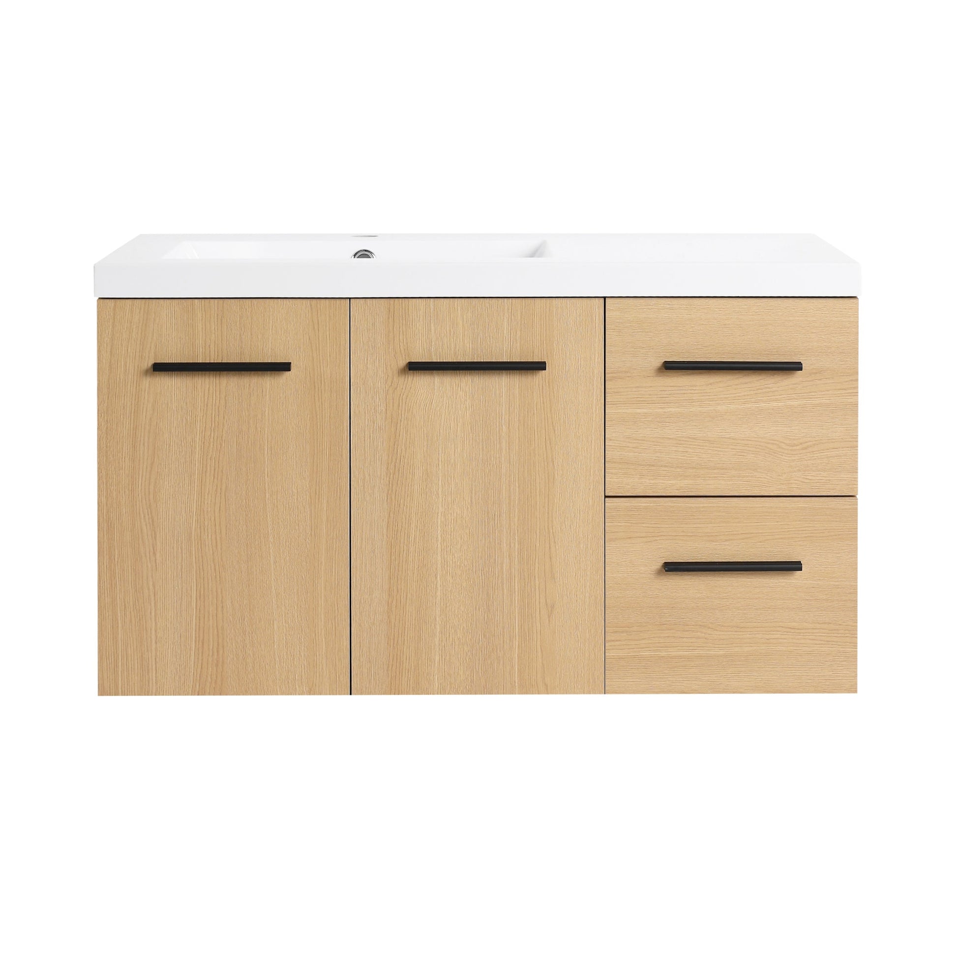 36" Wall-Mounted Floating Bathroom Vanity with Sink, Light Oak, 2-Door & 2-Drawer Modular Cabinet, Gel Coat Sink Top, 3 Boxes Roomfitters
