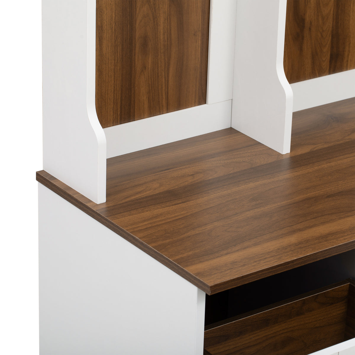 variant-group:rf-n724p235232d|Roomfitters 5-in-1 Entryway Bench with Coat Rack, Hooks, Drawers and Adjustable Shelves, Hall Tree for Hallway or Living Room, Brown+White