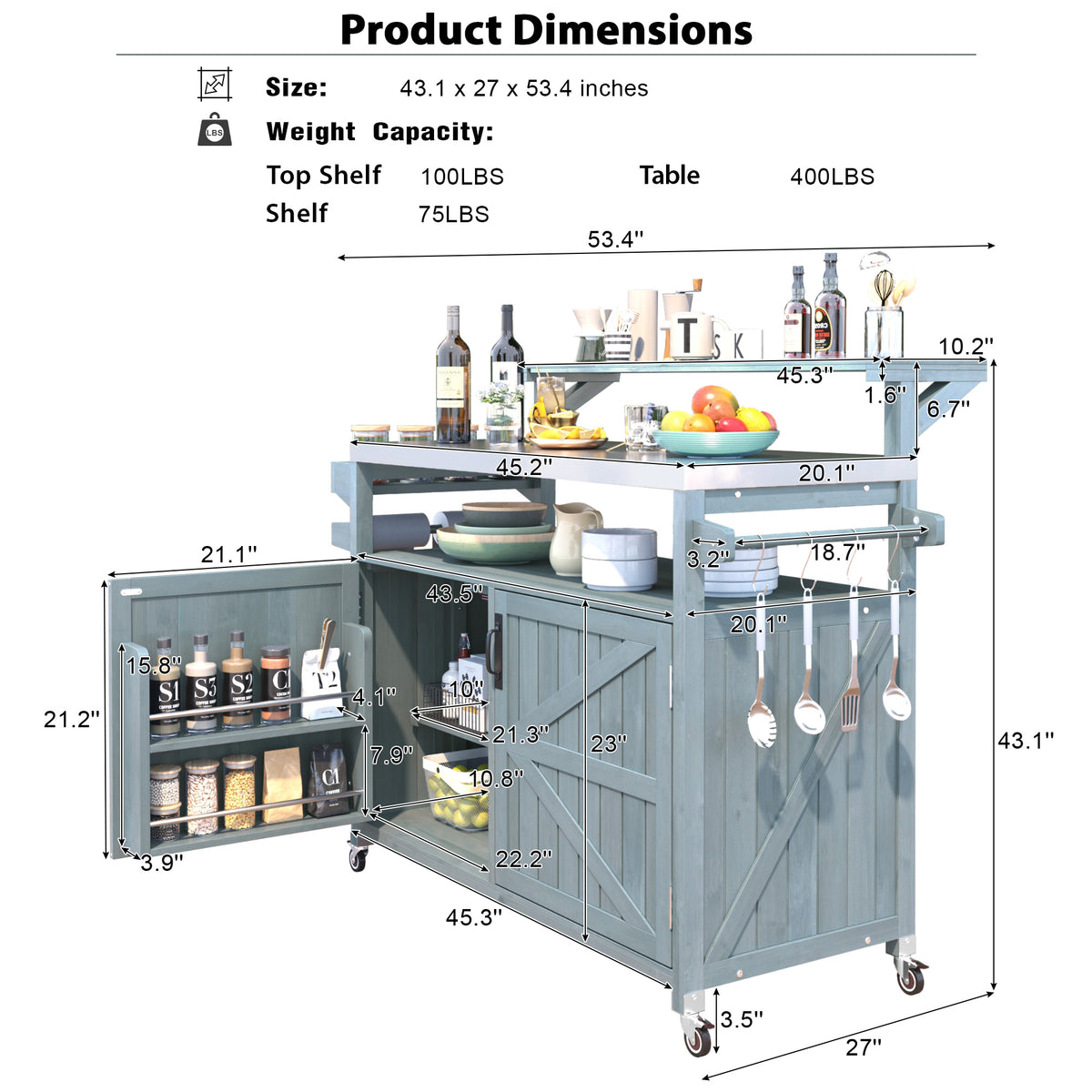 variant-group:rf-n707p250628g|Roomfitters 53.3" Outdoor Kitchen Island with Raised Shelf, Wood Storage Cabinet, Stainless Steel Top, Rolling Grill Cart, Grey Blue
