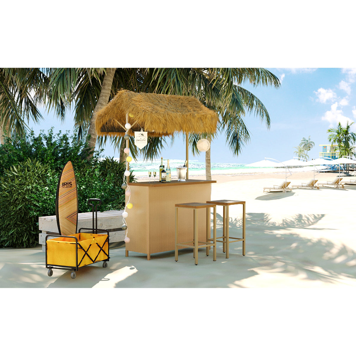 Roomfitters Bar Height Patio Set with PE Grass Canopy, Outdoor Bar Table and Stools, Hawaiian-style Acacia Wood Top, Natural Roomfitters