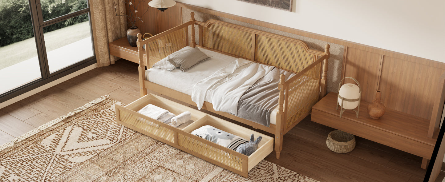 variant-group:rf-n701bs701p415472d|Roomfitters Twin Size Traditional Rattan Daybed Frame with 2 Storage Drawers, French Country Wood Bed, No Box Spring, Walnut