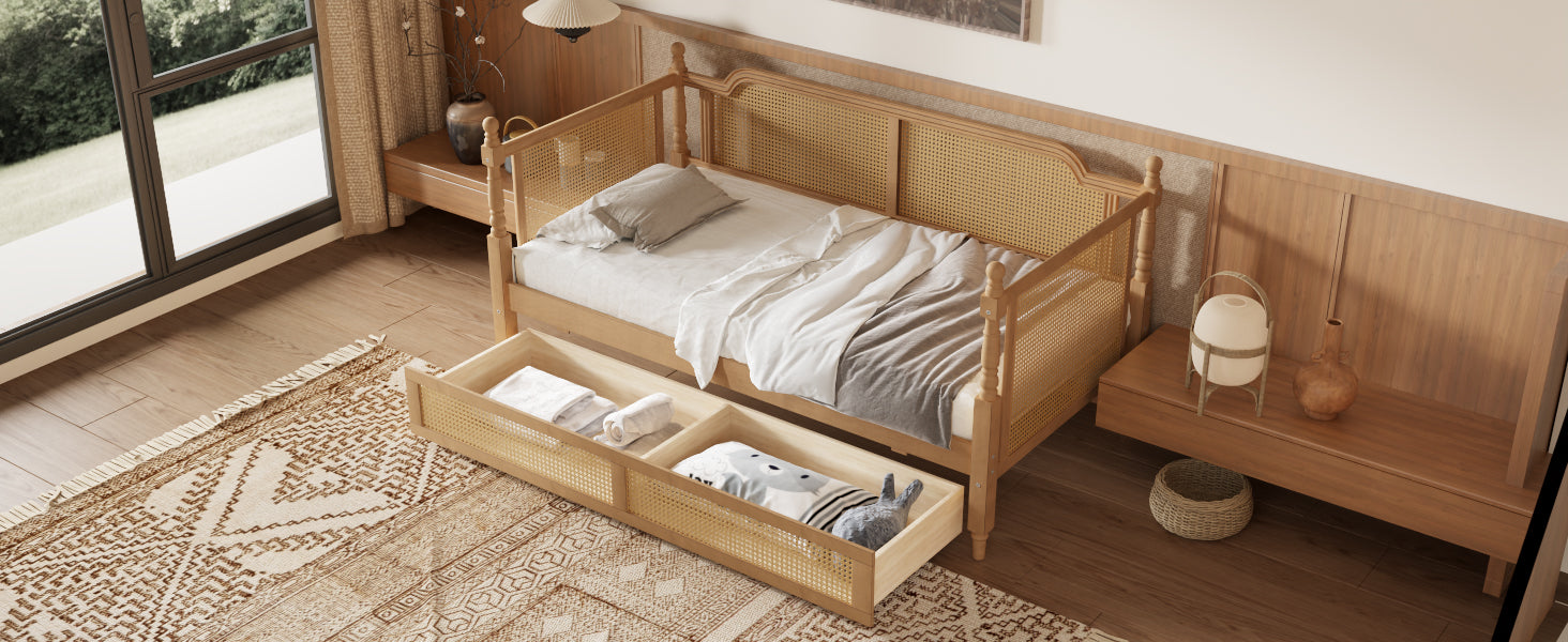 variant-group:rf-n701bs701p415472d|Roomfitters Twin Size Traditional Rattan Daybed Frame with 2 Storage Drawers, French Country Wood Bed, No Box Spring, Walnut