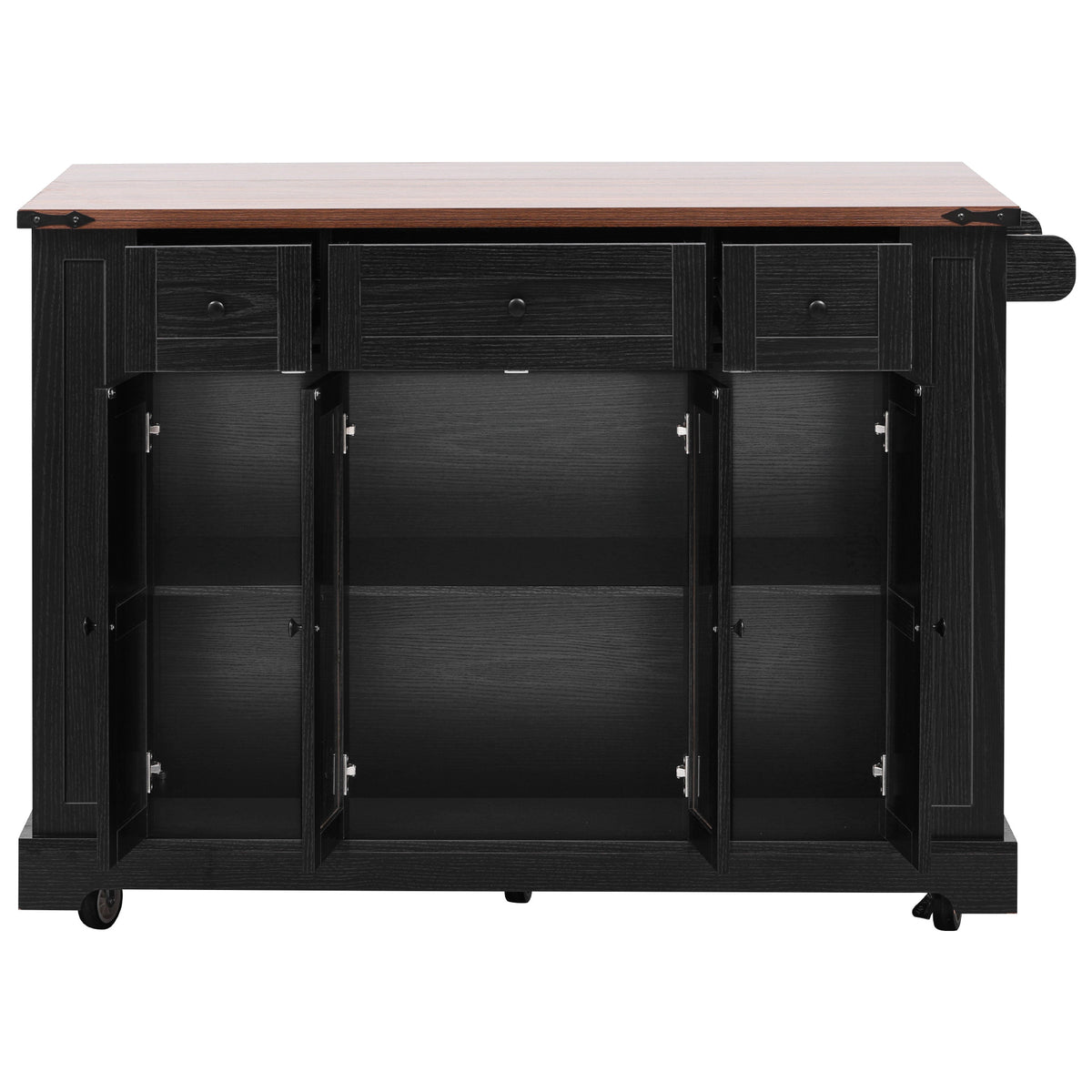 variant-group:rf-n707s263637b|Roomfitters 53" Kitchen Island with Power Outlet, 4 Doors and 3 Drawers, Rolling Storage Cabinet with Glass Doors, Black