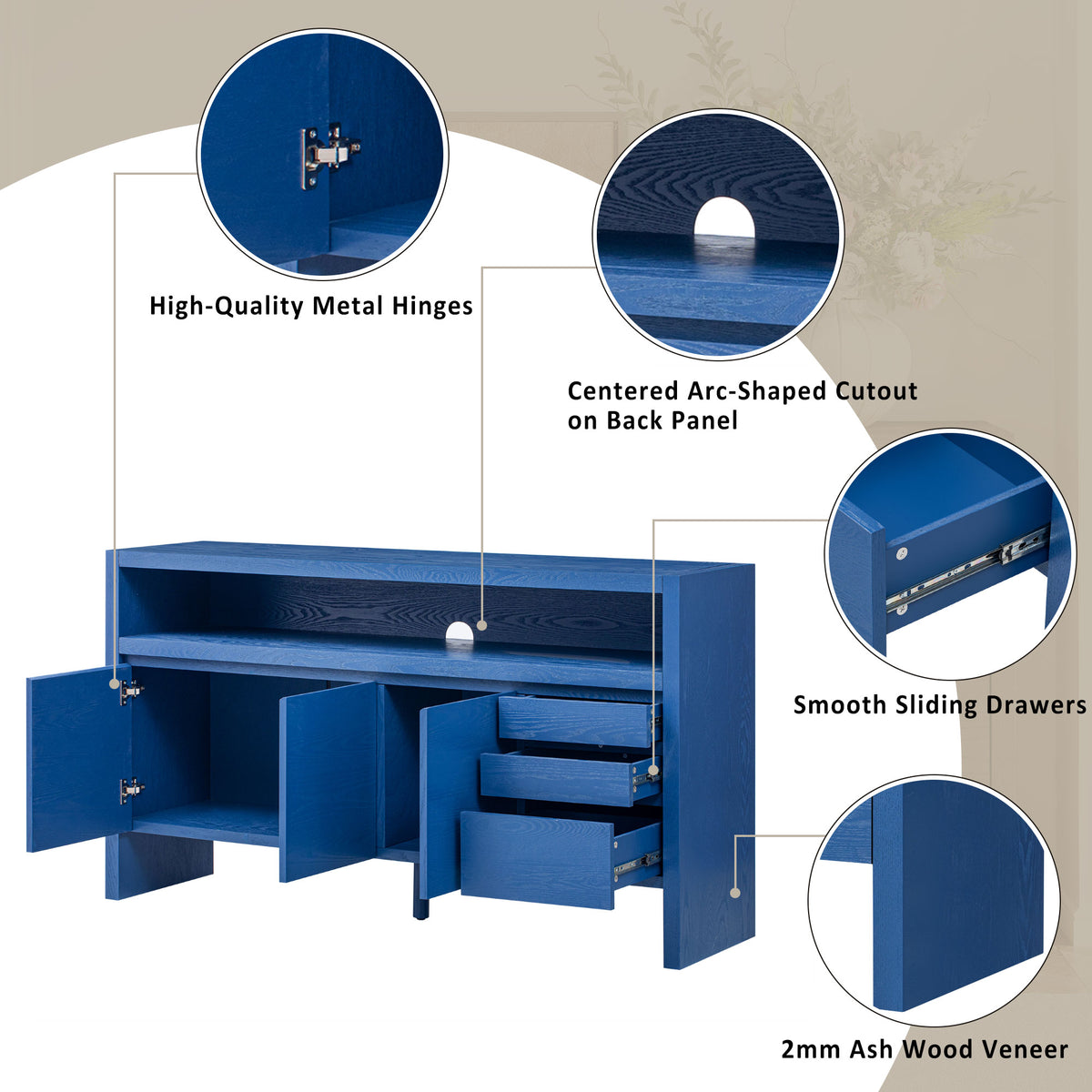 variant-group:rf-n711p289141v|Roomfitters 60" Modern Solid Wood Veneer Sideboard with 3 Doors & 3 Drawers, Open Shelf & Cable Cutout, Large Storage Cabinet for Dining, Hallway, Living Room, Navy Blue