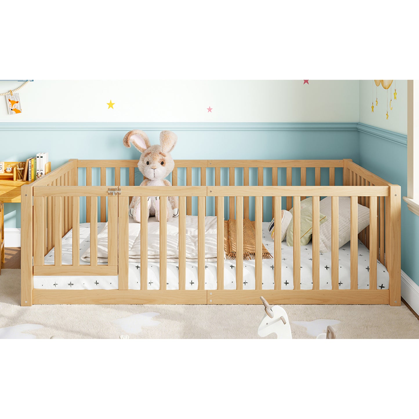 variant-group:rf-w1580p417669|Roomfitters Twin Size Wooden Floor Bed with Safety Guardrails Door, Solid Wood Low Profile Toddler Bed Frame, Natural