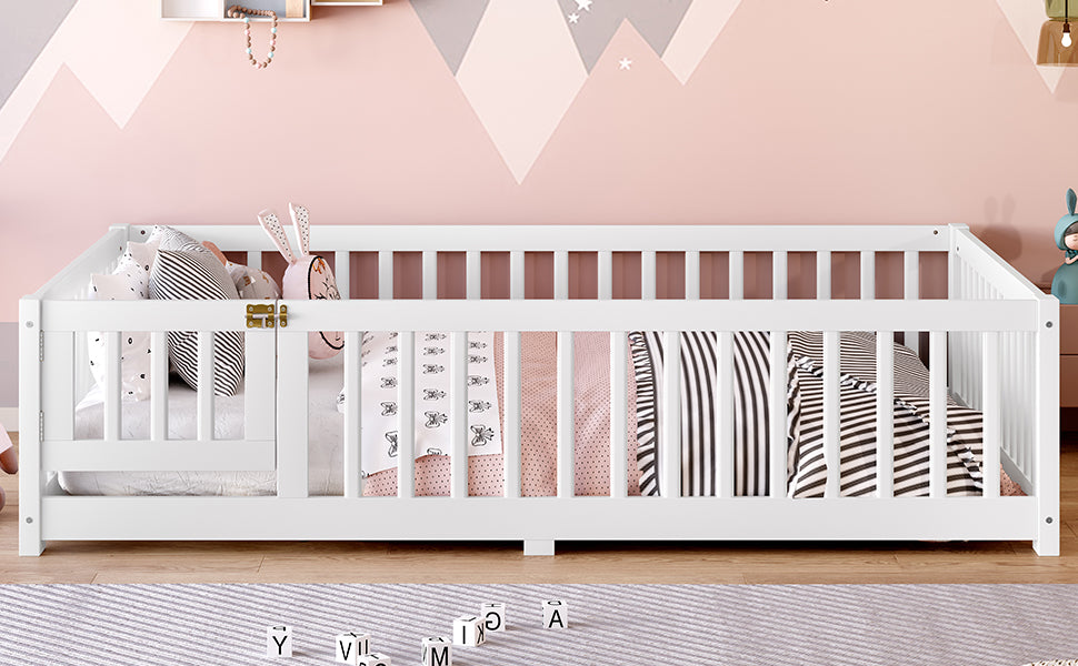 variant-group:rf-w1580p338950|Roomfitters Wooden Full Floor Bed Frame with Door & Safety Guardrails, Low Platform Design for Bedroom or Playroom, White